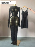 Women Flare Long Sleeve Stacked Ruched Mesh See Though with Tank Dress Maxi Long Dress 2025 Birthday Sexy Party Dresses