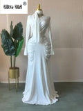 Women Skew Neck Flare Long Sleeve Ruched Stacked Maxi Long Dress Fall Birthday Evening Sexy Party Dresses with Scarf