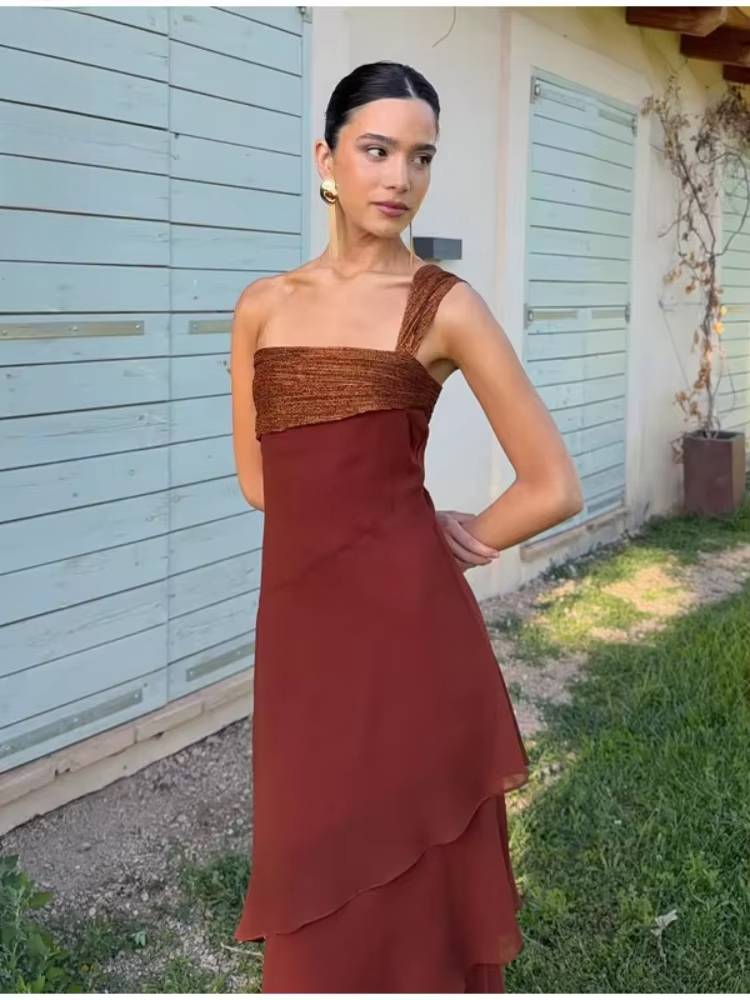 Brown Glitter Chiffon Tiered Maxi Dress Elegant One Shoulder Square Neck Flowy dresses 2026 Summer Formal Wedding  Party gowns