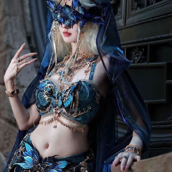 Exotic Hanfu Set Women's Fish Princess Dress Set Blue Butterfly Embroidered Fairy Costume