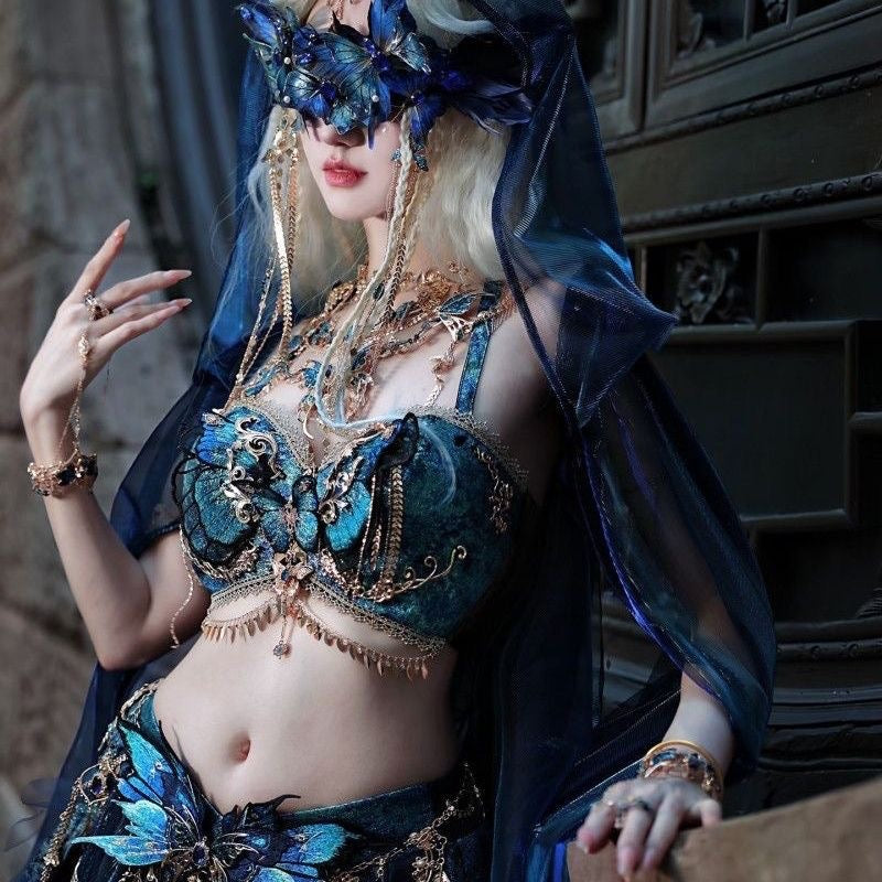 Exotic Hanfu Set Women's Fish Princess Dress Set Blue Butterfly Embroidered Fairy Costume