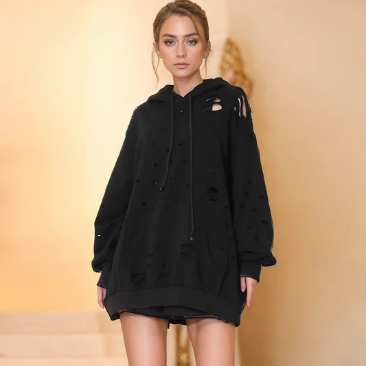 Solid Hollow Out Casual Sweatshirt For Women Hooded Long Sleeve Minimalist Loose Sweatshirts Female Fashion Clothing Style