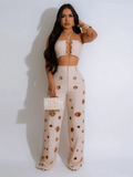 Women Set Sleeveless Strapless Tops +Wide Leg Pants Two 2 Piece Set Hole Hollow Out Outfit Summer Sexy Street Tracksuit