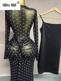 Women Flare Long Sleeve Stacked Dot Mesh See Though with Lining Maxi Long Dress 2025 Evening Birthday Sexy Party Dresses
