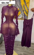 Women Flare Long Sleeve Stacked Ruched Mesh See Though with Tank Dress Maxi Long Dress 2025 Birthday Sexy Party Dresses