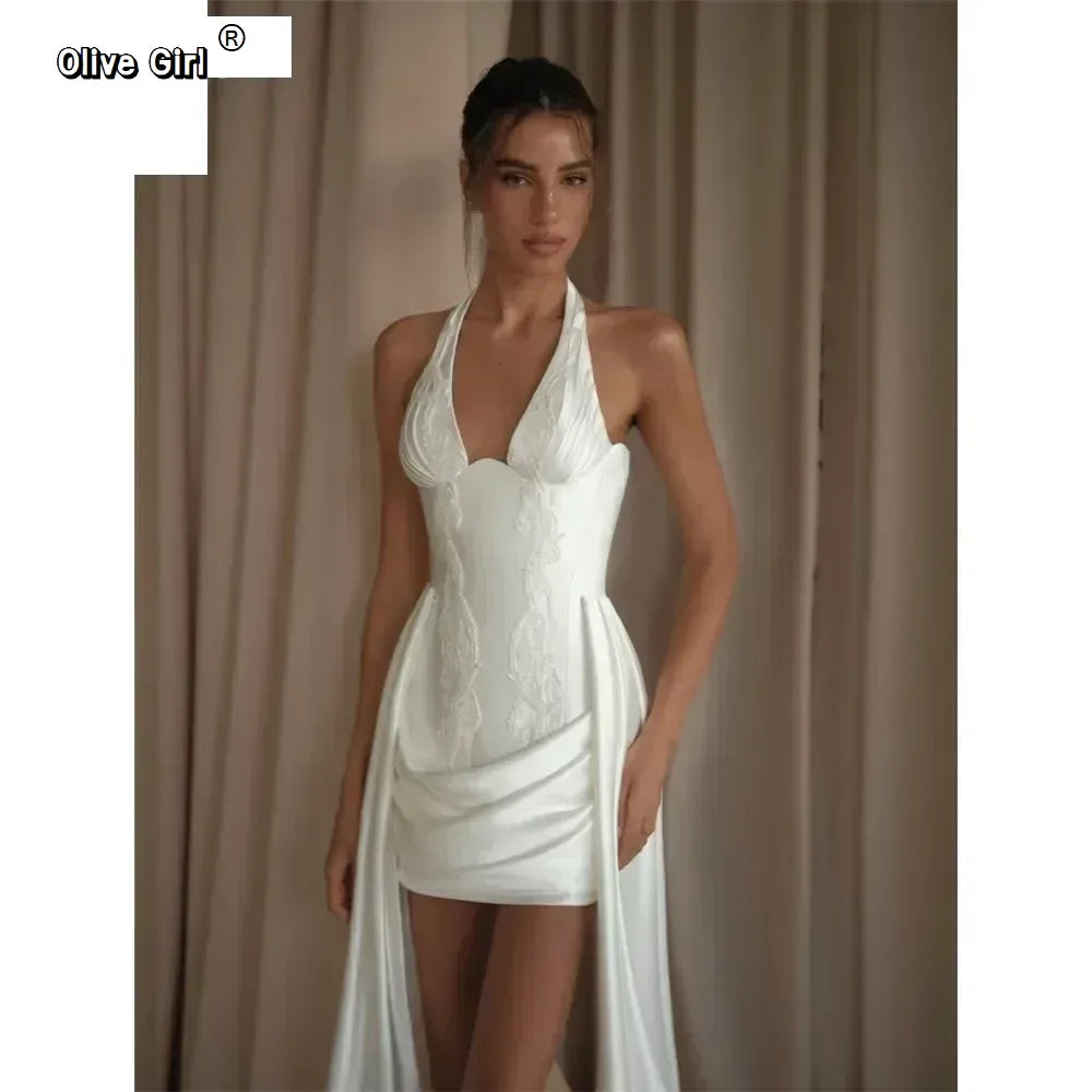 Customized Halter Neck V-Neck Satin Mini dresses Bridal dresses Vintage Sleek Modern Luxurious Prom dress Evening dresses