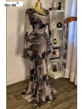 Women Tie Dye Printed Skew Neck Flare Long Sleeve Ruched Stacked Maxi Long Dress  Summer Birthday Sexy Party Dresses