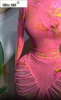 Women Tie Dye Printed Stacked Ruched Long Sleeve Midi Bodycon Maxi Long Dress Birthday Party Education Trendy Dresses