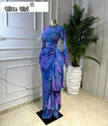 Women Tie Dye Print O-neck Ruched Ribbon Long Dress 2026 Spring Street Evening Birthday Club Party Vestidos Sexy Dresses
