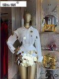Fashion Sequined Splicing Women's Set Lapel Collar Shirt and Midi A-line Skirt Suit Vacation Two 2 Piece Set Outfits