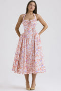 Vintage Floral Halter Midi Sundress Women's High Waist Pink Blue Black Red Dresses Summer Dresses Female Birthday Robe 2025 New