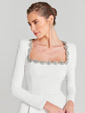 Elegant Mini Square Collar Diamond Evening Dress Short A-Line Long Sleeves White Pocket Princess Prom Gowns 2024 New