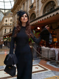 Women Elegant Evening Club Party Trumpet Long Sleeves Sexy Turtleneck Tight Maxi Bandage Dress Black Vestido
