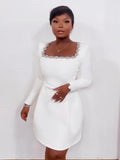 Elegant Mini Square Collar Diamond Evening Dress Short A-Line Long Sleeves White Pocket Princess Prom Gowns 2024 New