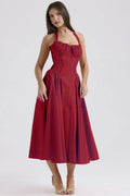 Vintage Floral Halter Midi Sundress Women's High Waist Pink Blue Black Red Dresses Summer Dresses Female Birthday Robe 2025 New