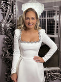 Elegant Mini Square Collar Diamond Evening Dress Short A-Line Long Sleeves White Pocket Princess Prom Gowns 2024 New