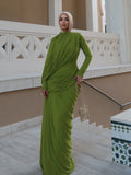 Elegant Pleated Mesh Shawl Maxi Dress Chic Long Sleeve Slim Fit Dresses 2026 Spring New O-Neck Party Prom Gowns Chic