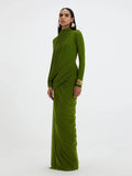 Elegant Pleated Mesh Shawl Maxi Dress Chic Long Sleeve Slim Fit Dresses 2026 Spring New O-Neck Party Prom Gowns Chic