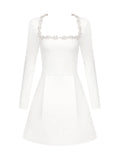 Elegant Mini Square Collar Diamond Evening Dress Short A-Line Long Sleeves White Pocket Princess Prom Gowns 2024 New