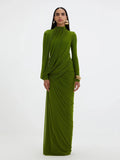 Elegant Pleated Mesh Shawl Maxi Dress Chic Long Sleeve Slim Fit Dresses 2026 Spring New O-Neck Party Prom Gowns Chic