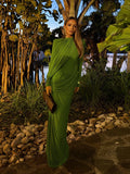 Elegant Pleated Mesh Shawl Maxi Dress Chic Long Sleeve Slim Fit Dresses 2026 Spring New O-Neck Party Prom Gowns Chic