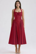 Vintage Floral Halter Midi Sundress Women's High Waist Pink Blue Black Red Dresses Summer Dresses Female Birthday Robe 2025 New