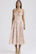 Vintage Floral Halter Midi Sundress Women's High Waist Pink Blue Black Red Dresses Summer Dresses Female Birthday Robe 2025 New