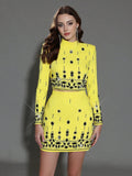 Fashion Women's Heavy Industry Diamond Two Piece Set Short Long Sleeve Tops Wrapped Hip Mini Skirt Female Outfit