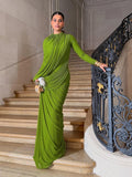 Elegant Pleated Mesh Shawl Maxi Dress Chic Long Sleeve Slim Fit Dresses 2026 Spring New O-Neck Party Prom Gowns Chic