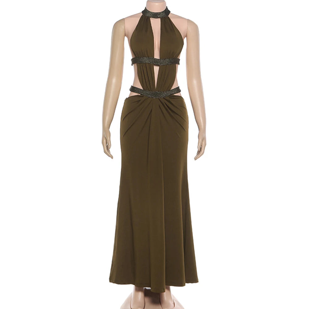 Sexy Backless Halter Neck Hollow Out Long Dress Womens Sleeveless Maxi Dress Vacation Elegant Party Hollow Beach Dresses