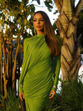Elegant Pleated Mesh Shawl Maxi Dress Chic Long Sleeve Slim Fit Dresses 2026 Spring New O-Neck Party Prom Gowns Chic
