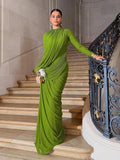 Elegant Pleated Mesh Shawl Maxi Dress Chic Long Sleeve Slim Fit Dresses 2026 Spring New O-Neck Party Prom Gowns Chic
