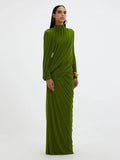 Elegant Pleated Mesh Shawl Maxi Dress Chic Long Sleeve Slim Fit Dresses 2026 Spring New O-Neck Party Prom Gowns Chic
