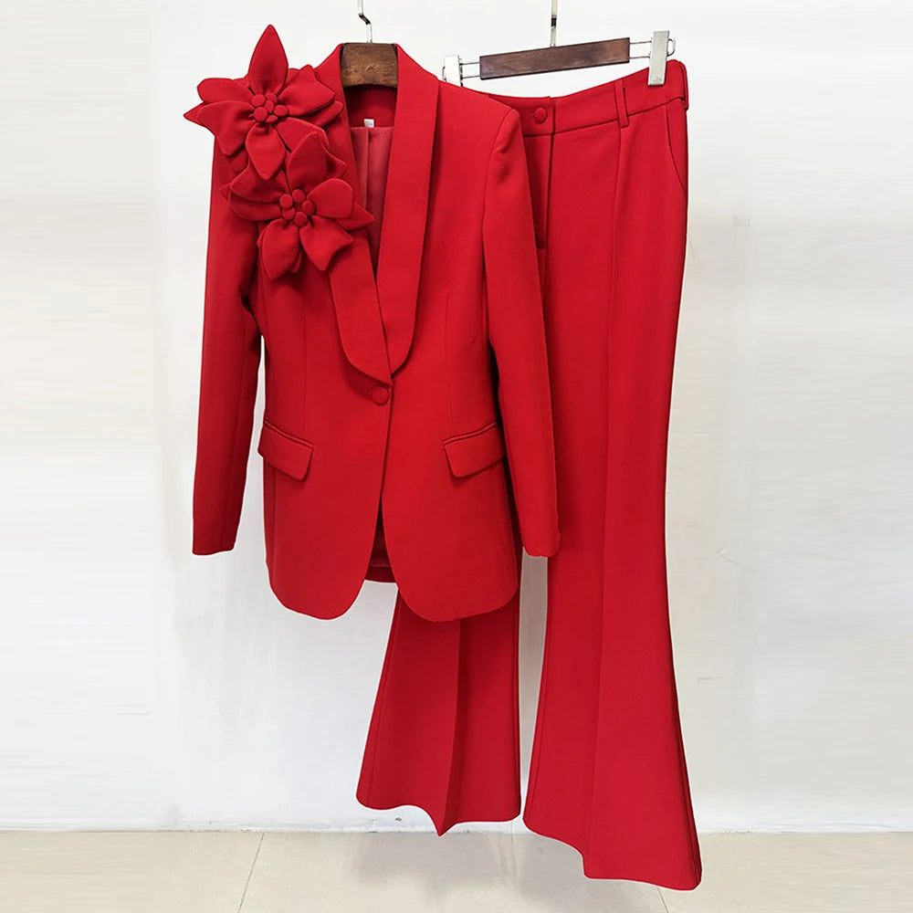 Women's Suits Solid Fashion 3D Flowers Single Breasted Blazer 2 Piece Jacket Pants Outfits Female Formal Pantsuit Set