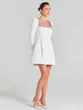Elegant Mini Square Collar Diamond Evening Dress Short A-Line Long Sleeves White Pocket Princess Prom Gowns 2024 New