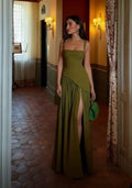 Elegant Ribbon Corset Long Dress For Women Slip Slit Maxi Dresses Evening Bridesmaid Wedding Guest Olive Green Black Cocktail