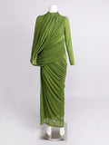 Elegant Pleated Mesh Shawl Maxi Dress Chic Long Sleeve Slim Fit Dresses 2026 Spring New O-Neck Party Prom Gowns Chic