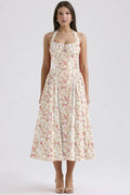 Vintage Floral Halter Midi Sundress Women's High Waist Pink Blue Black Red Dresses Summer Dresses Female Birthday Robe 2025 New