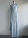Women'S Metal Buckle Elegant Soft Dress Solid Spliced Folds Long Sleeved Slim Asymmetric Design Long Dress Female New