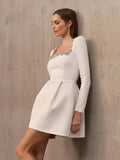 Elegant Mini Square Collar Diamond Evening Dress Short A-Line Long Sleeves White Pocket Princess Prom Gowns 2024 New