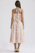 Vintage Floral Halter Midi Sundress Women's High Waist Pink Blue Black Red Dresses Summer Dresses Female Birthday Robe 2025 New