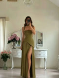 Elegant Ribbon Corset Long Dress For Women Slip Slit Maxi Dresses Evening Bridesmaid Wedding Guest Olive Green Black Cocktail