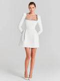 Elegant Mini Square Collar Diamond Evening Dress Short A-Line Long Sleeves White Pocket Princess Prom Gowns 2024 New