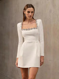Elegant Mini Square Collar Diamond Evening Dress Short A-Line Long Sleeves White Pocket Princess Prom Gowns 2024 New