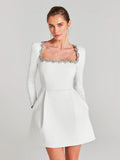 Elegant Mini Square Collar Diamond Evening Dress Short A-Line Long Sleeves White Pocket Princess Prom Gowns 2024 New
