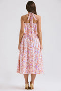 Vintage Floral Halter Midi Sundress Women's High Waist Pink Blue Black Red Dresses Summer Dresses Female Birthday Robe 2025 New