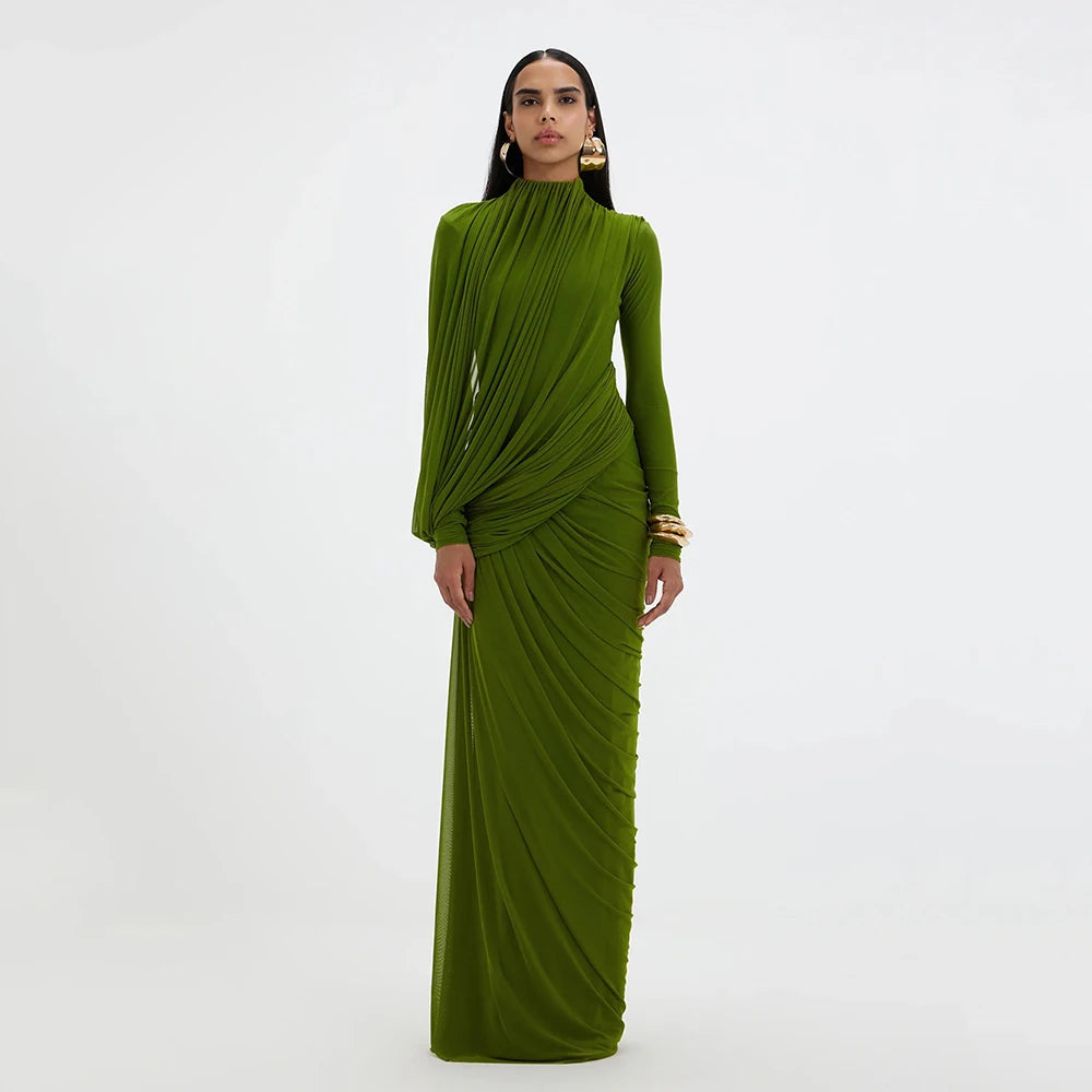 Elegant Pleated Mesh Shawl Maxi Dress Chic Long Sleeve Slim Fit Dresses 2026 Spring New O-Neck Party Prom Gowns Chic
