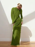 Elegant Pleated Mesh Shawl Maxi Dress Chic Long Sleeve Slim Fit Dresses 2026 Spring New O-Neck Party Prom Gowns Chic