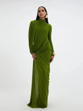 Elegant Pleated Mesh Shawl Maxi Dress Chic Long Sleeve Slim Fit Dresses 2026 Spring New O-Neck Party Prom Gowns Chic