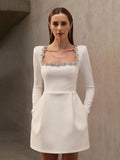 Elegant Mini Square Collar Diamond Evening Dress Short A-Line Long Sleeves White Pocket Princess Prom Gowns 2024 New